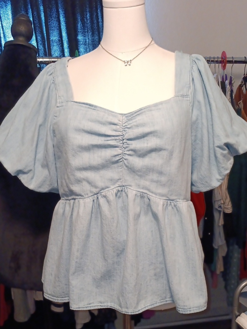 Old Navy Light Blue Ruched Square-Neck Puff Sleeve Peplum Top